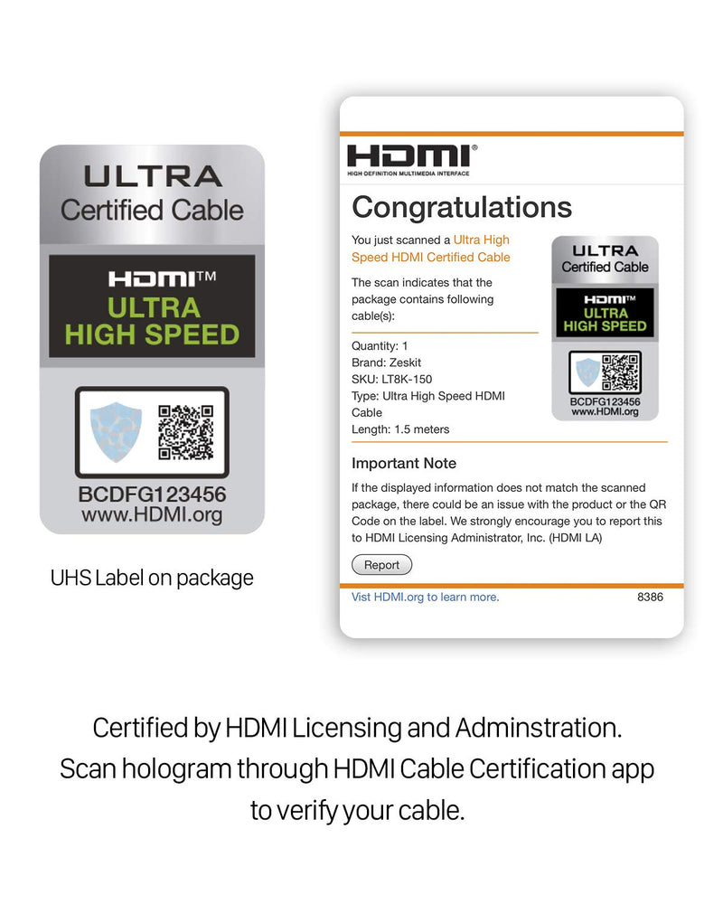 [AUSTRALIA] - Zeskit Lite 48Gbps Slim Certified Ultra High Speed HDMI Cable 1.5ft, 4K120 8K60 144Hz eARC HDR HDCP 2.2 2.3 Compatible with Dolby Vision Apple TV 4K Roku Sony LG Samsung Xbox Series X RTX 3080 PS4 PS5 0.5m/1.5ft 