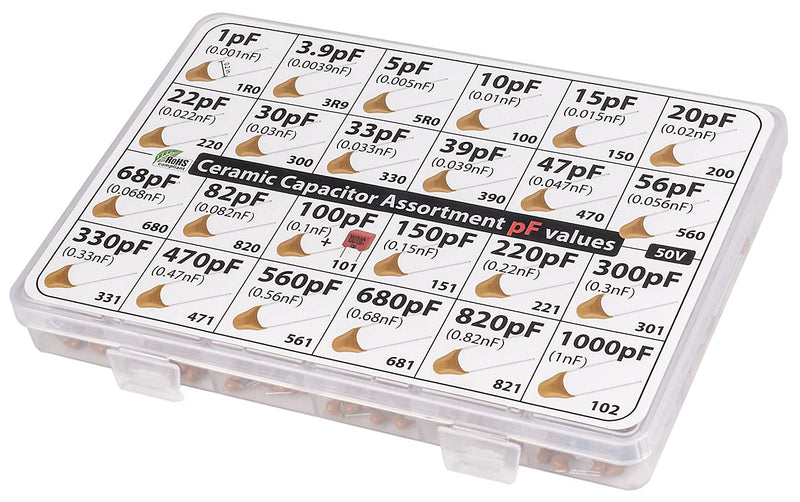pF values - Box Capacitor Kit Assortment 485 pcs 24 values, all pF: 1pF, 3.9pF, 5pF, 10pF, 15pF, 20pF, 22pF, 30pF, 33pF,39pF, 47pF, 56pF, 100pF, 150pF, 220pF, 330pF, 470pF 560pF 680pF 820pF 1000pF etc