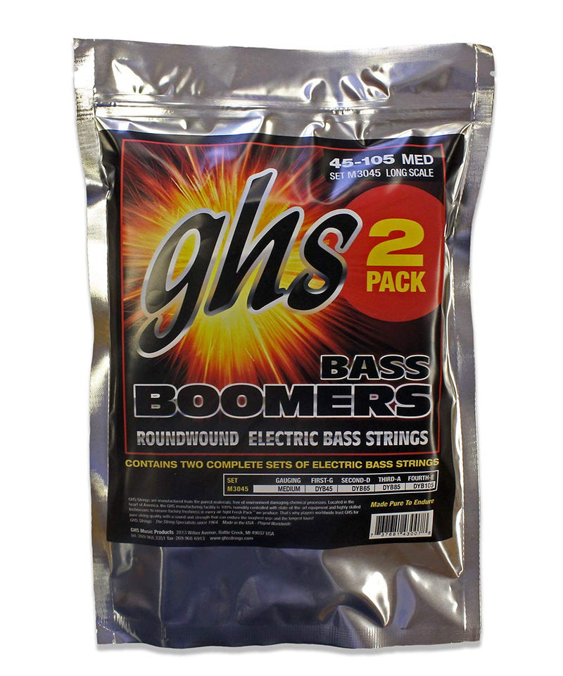 GHS Strings M3045-2, 4-String Bass Boomers, Nickel-Plated Electric Bass Strings, Long Scale, Medium, 2 Pack (.045-.105),BLACK