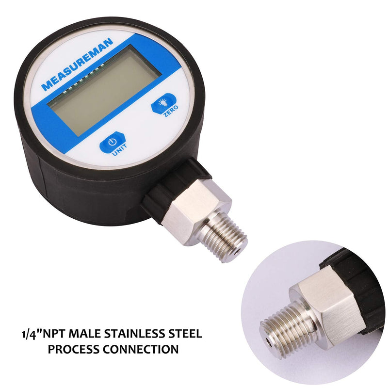[AUSTRALIA] - MEASUREMAN 2-1/2" dial, Digital Industrial Vacuum Gauge with 1/4"NPT Lower Mount, Stainless Steel case and Connection, 15psi, 1%,Battery Powered, with LED Light 2-1/2" Dial, -15psi vacuum 1% 