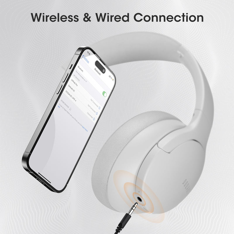 DOQAUS Upgraded Wireless Headphones Over Ear, 90H Playtime Bluetooth 5.3 Wireless Headphones with 3EQ Modes, Built-in HD Mic, HiFi Stereo Sound, Deep Bass, Memory Foam Ear Cups (White) White