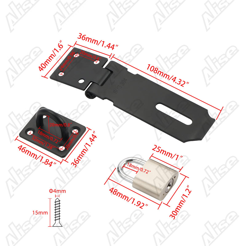 Alise MST009-B Door Clasp Hasp Latch Lock with Padlock,One Set Black Finish 4 Inch