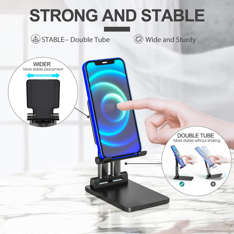 Foldable Cell Phone Stand for Desk, Angle & Height Adjustable Desk Phone Stand Holder with Stable Anti-Slip Design, Compatibel with iPhone 12/12 Pro/11/Smartphones/iPad Mini/Kindle/Tablet - Black