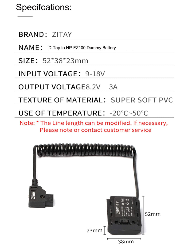 ZITAY D-tap to NP-FZ100 Dummy Battery Coiled Power Cable Cord Adapter Compatible for Sony Alpha 1 Alpha A7III A7R III A9 A7R IV Alpha 9 II A9R A9S A7R3 A7S3 FX3 Camera Sony Cameras