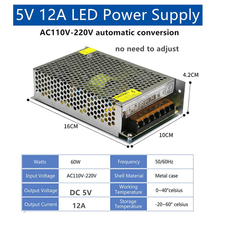 PHEVOS 5V 12A 60Watt Universal Switching Power Supply for Raspberry PI Models CCTV Radio Project WS2812B WS2811 WS2801 LED Strips Pixel Lights 5V12A