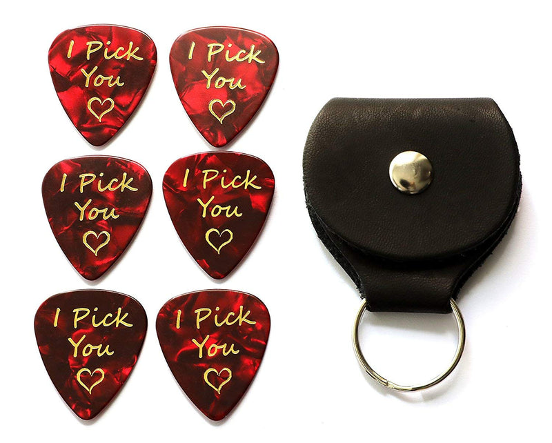 6 I Pick You Guitar Picks With Leather Plectrum Holder Keyring