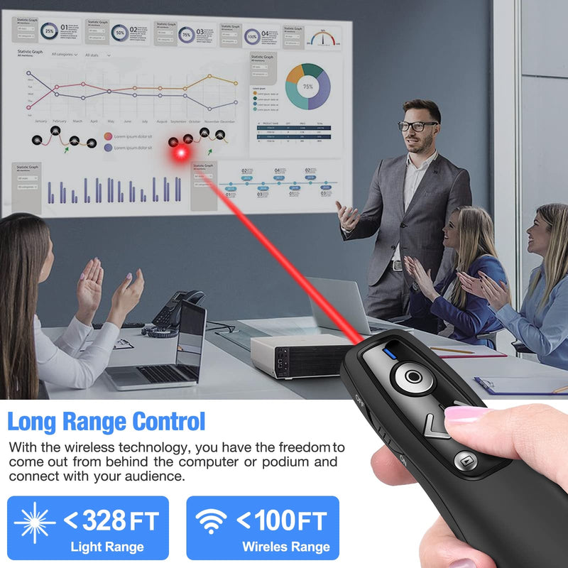 Presentation Clicker Wireless Presenter Remote for PowerPoint, RF 2.4GHz USB Powerpoint Clicker with Hyperlink & Volume Control PowerPoint Slide Advancer for Mac, Computer, Laptop Black-Red Light
