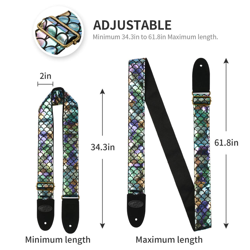 Guitar Strap Bling Mermaid Style 2 Strap Locks with 1 Strap Button - Cotton & Suede Leather Ends Strap for Acoustic & Electric Guitars, Bass Guitars (Bling Mermaid)