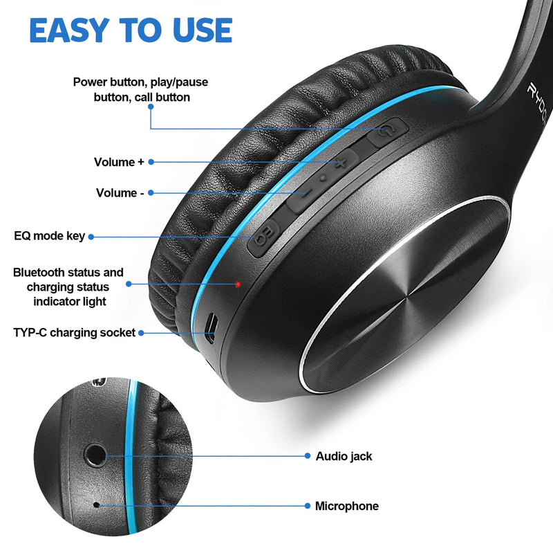 Rydohi Bluetooth Headphones Over Ear, 68H Playtime and 3 EQ Music Modes Wireless Headphones with Microphone/Deep Bass, HiFi Stereo Foldable Lightweight Headset for PC Home Travel Office(Black Blue) Black Blue