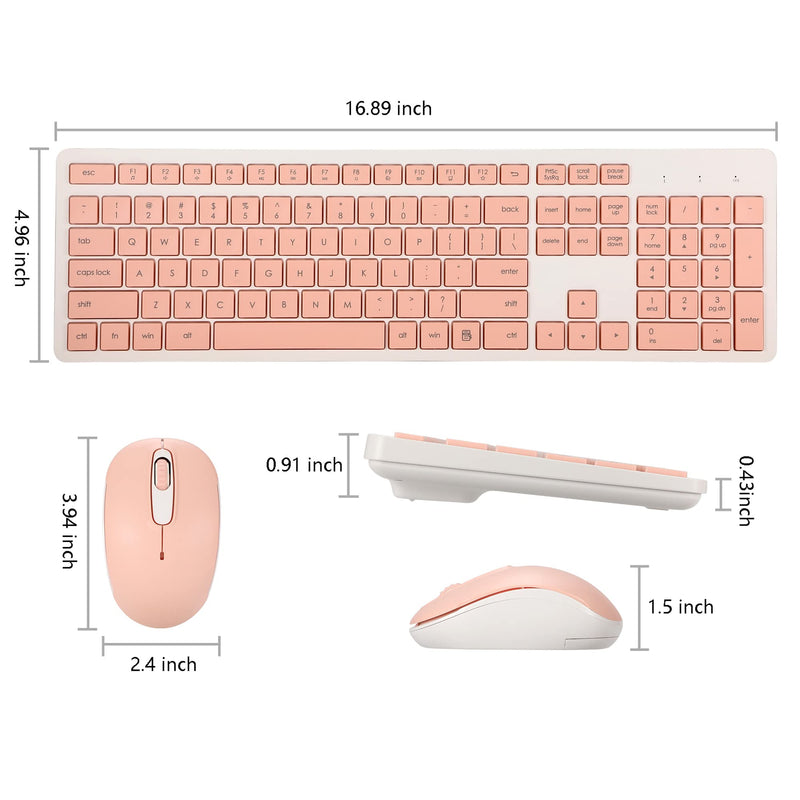 Wireless Keyboard and Mouse Combo, 2.4G Silent Cordless Wireless Keyboard Mouse Combo for Windows Chrome Laptop Computer PC Desktop, 106 Keys Full Size with Number Pad, 1600 DPI Optical Mouse (Pink) Pink
