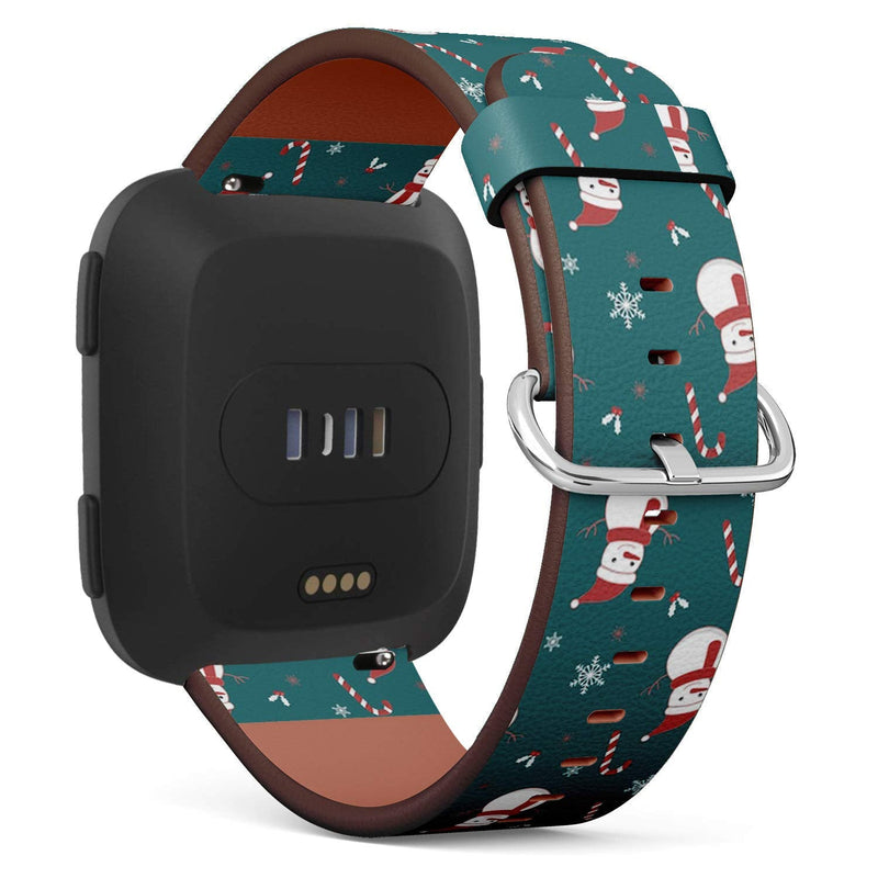 Compatible with Fitbit Versa, Versa 2, Versa Lite, Leather Replacement Bracelet Strap Wristband with Quick Release Pins // Snowman Candy Canes