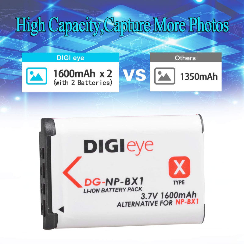 DIGIeye NP-BX1 1600 mAh Battery (2-Pack) and LCD Dual USB Charger for Sony NP-BX1/M8, Cyber-Shot DSC-HX80, HX90V, HX95, HX99, HX350, RX1, RX1R II, RX100 (II/III/IV/V/VA/VI), FDR-X3000, HDR-AS50, AS300