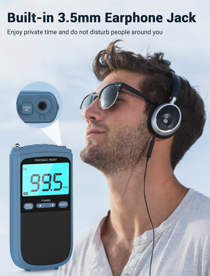 Portable Radio AM/FM with Speaker,Mini Transistor Pocket Radio with LCD Display, Digital Radio Stereo Earphone,Walkman Radio with 900mAh Rechargeable Battery,Best Reception Radio for Walking(Blue)