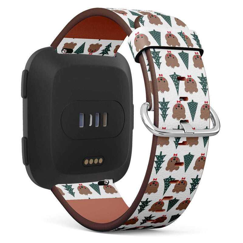 Compatible with Fitbit Versa, Versa 2, Versa Lite, Leather Replacement Bracelet Strap Wristband with Quick Release Pins // Teddy Bear Bow Xmas Trees