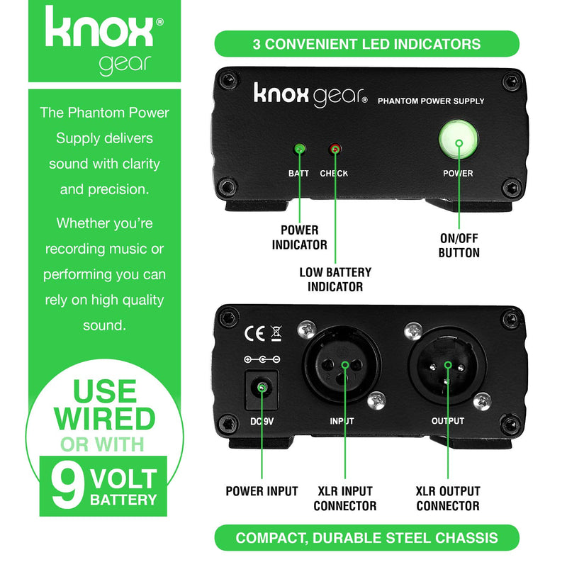 [AUSTRALIA] - Knox Phantom Power Supply for Condenser Microphones – Portable For Studio Recording or Live Stage Performances - LED Indicators, 48V Power – Uses Battery or AC Adapter 