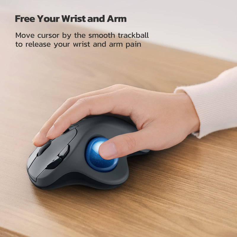 Wireless Trackball Mouse, Rechargeable Ergonomic Mouse, Easy Thumb Control, Precise & Smooth Tracking, 3 Device Connection (Bluetooth or USB), Compatible for PC, Laptop, iPad, Mac, Windows, Android Grey-Blue