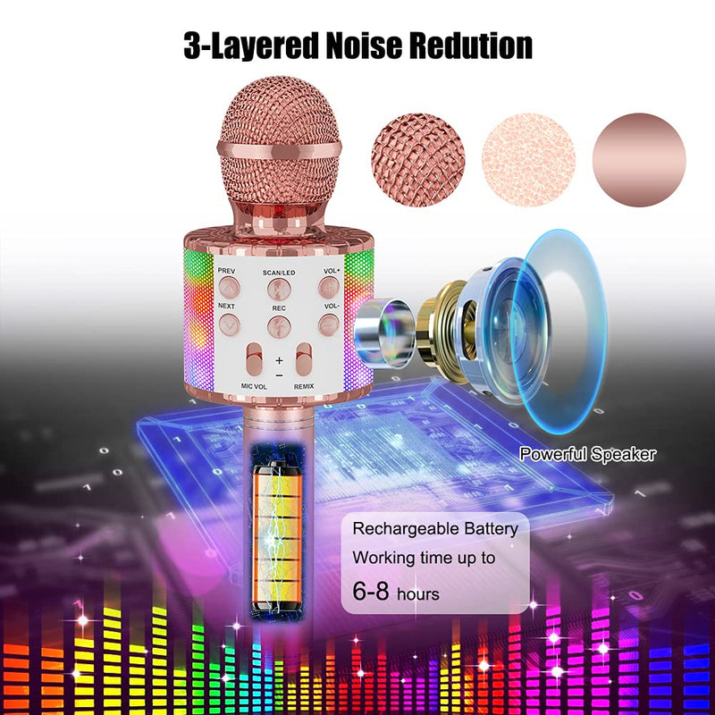 Karaoke Wireless Microphone, Ankuka 4 in 1 Handheld Bluetooth Microphones Speaker Karaoke Machine with Dancing LED Lights, Home KTV Player Compatible with Android & iOS Devices for Party/Kids Singing Rose gold