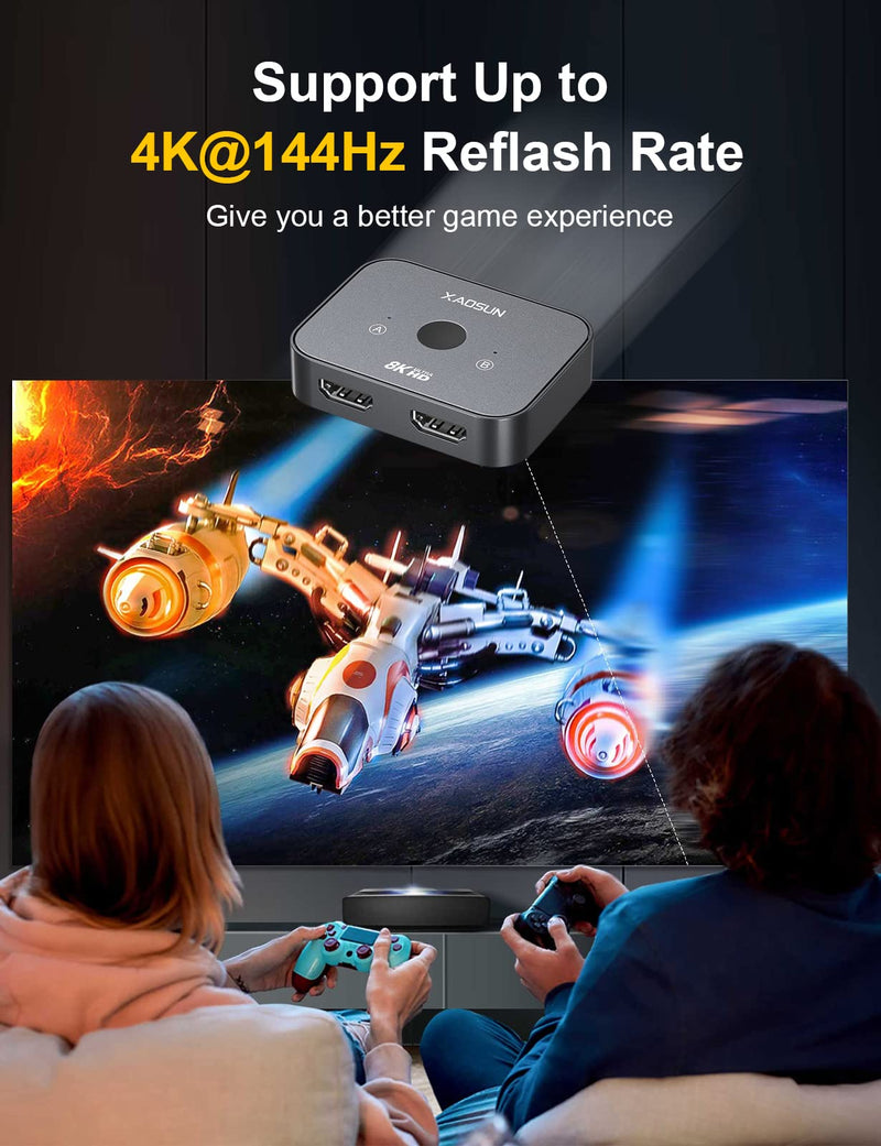 HDMI 2.1 Switch 8K@60Hz, XAOSUN 8K HDMI Splitter Bi-Directional, 4k@120Hz HDMI 2.1 Splitter 2 in 1 Out 48Gbps High Speed, Aluminum HDMI Monitor Switch for PS5,Xbox,Apple TV,Fire Stick