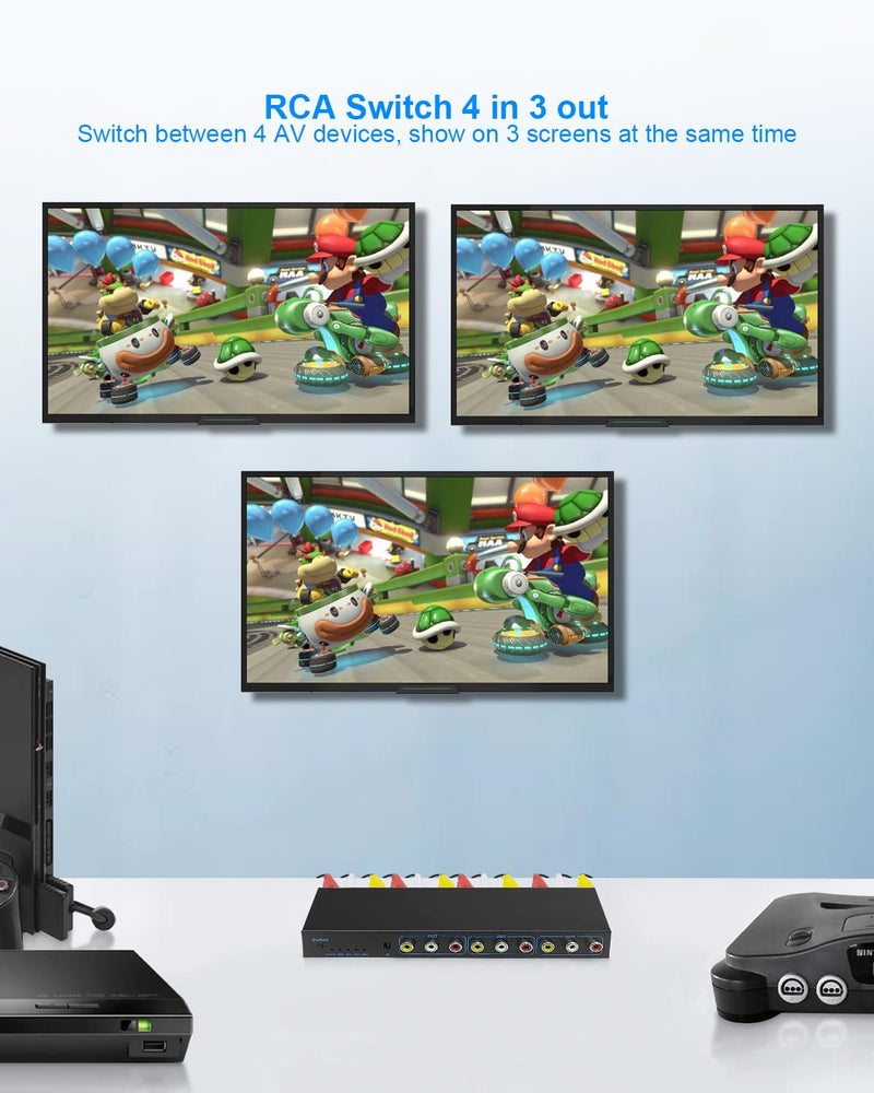 RCA Switch Box 4 in 3 Out: 4 Way AV Splitter 3 Output with Remote Control for Audio Video Distribution, RCA Splitter Switcher Composite Video L/R Audio Selector Box for DVD STB Game Consoles