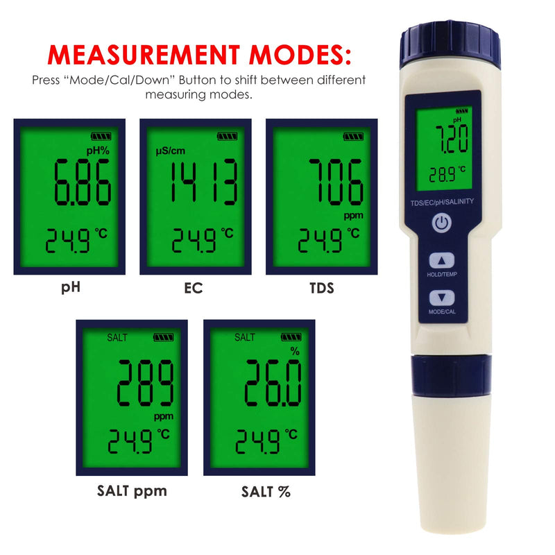 DANOPLUS 5 in 1 Digital pH Meter with TDS/EC/Salinity/Temperature Measurement Waterproof Highly Accurate Multi-Parameter Tester pH/TDS/EC/Temp/Salinity