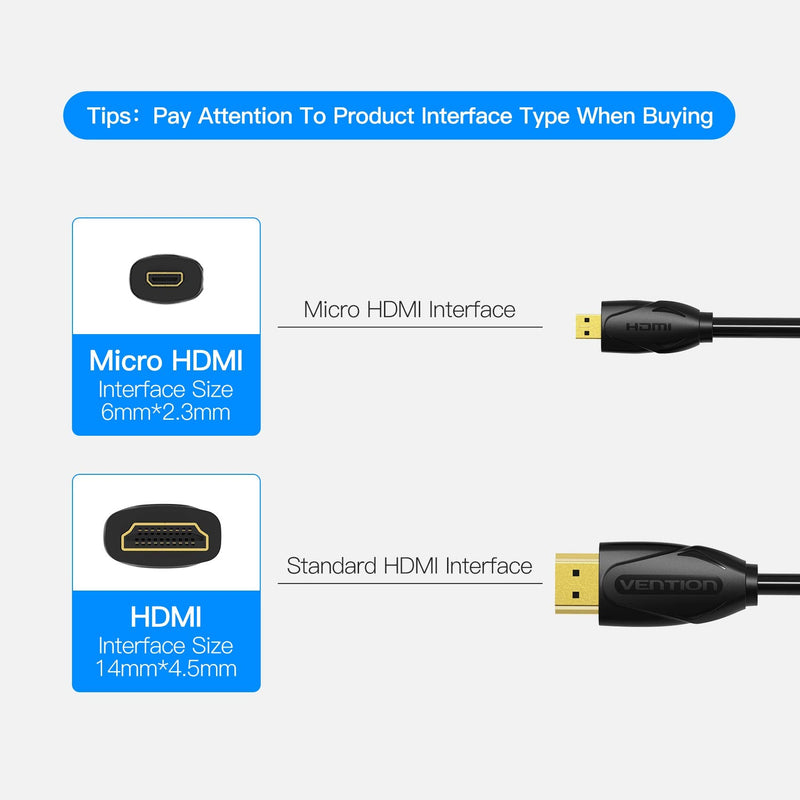 Micro HDMI Cable 4.5FT, VENTION Micro HDMI to HDMI Cable Adapter(Male to Male) Support 3D Full HD 1080P Ethernet Audio Return for Go Pro Hero,Tablet, Camera(4.5ft/1.5m) 4.5FT/1.5M