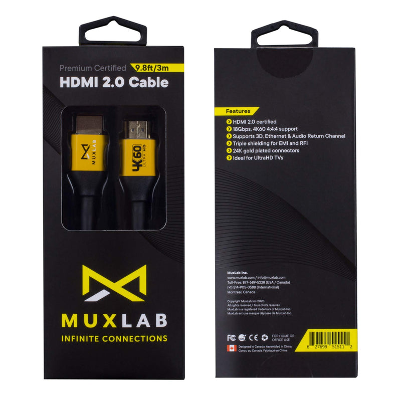 MuxLab Certified HDMI 2.0 Cable 10 Feet | Premium High Speed 18Gbps | Supports 4K @ 60Hz (4:4:4), 3D, Ethernet, ARC, HDTV, Projector, Playstation, PS3, PS4, Blu-ray 10 feet/3 meters