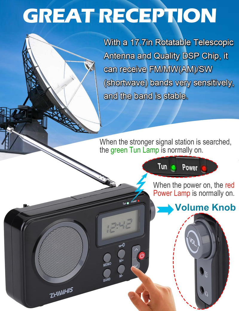[AUSTRALIA] - ZHIWHIS Portable Radio, AM FM Shortwave Digital Tuner with Best Reception, Battery Operated Clock Radios with Sleep Timer and Preset Function, Stereo Receiver with Alarm Clock for Home ZWS-8801 Black 