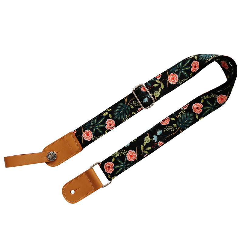 MUSIC FIRST Original Design “Dark Night Garden” Soft Cotton & Genuine Leather Ukulele Strap Ukulele Shoulder Strap With a MUSIC FIRST Genuine Leather Strap Locker