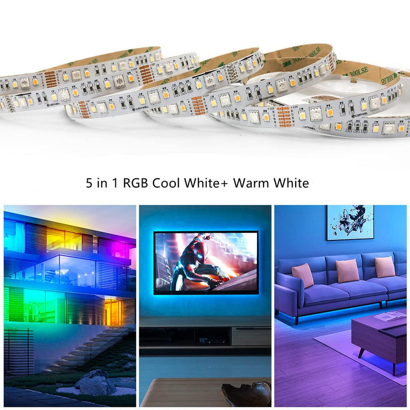 GIDEALED RGBWW Strip Light16.4ft,Dimmable 6 wire 450 LEDs RGB Cold White Warm White(2700K-6000K)12V Multi-Color 5050 LED lights,Non-Waterproof Flexible RGBCCT Rope Light for Home Atmosphere Decoration 16.4ft Strip Lights Only