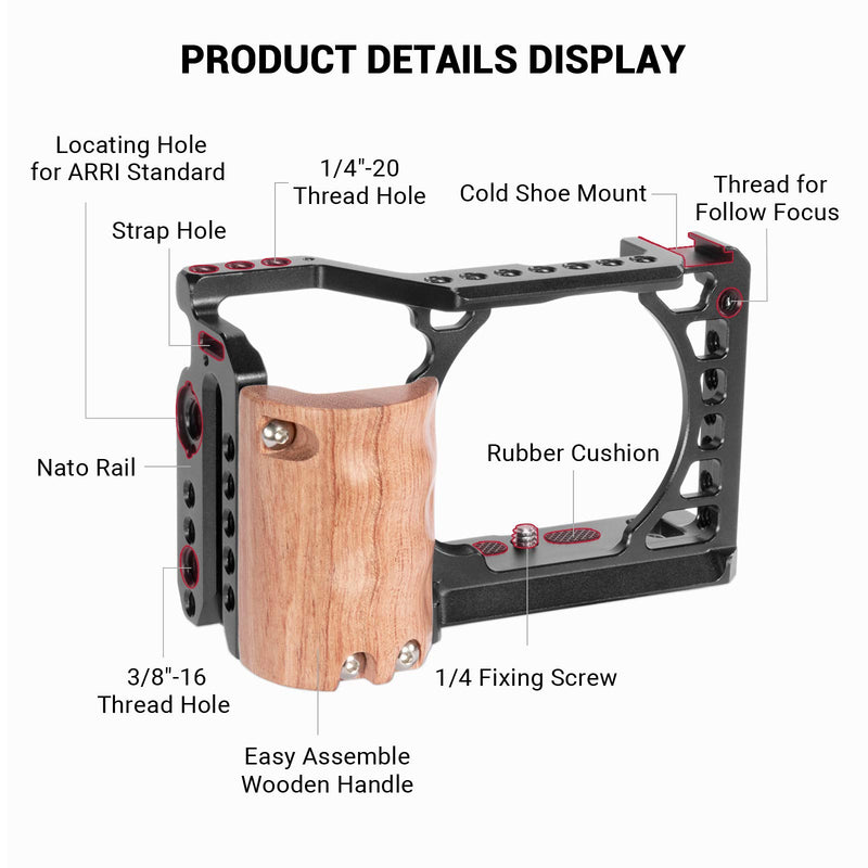 SMALLRIG Camera A6500 Cage Kit with Wooden Handle Hand Grip for Sony Alpha A6500/ILCE-6500 4K Digital Mirrorless Camera - 2097