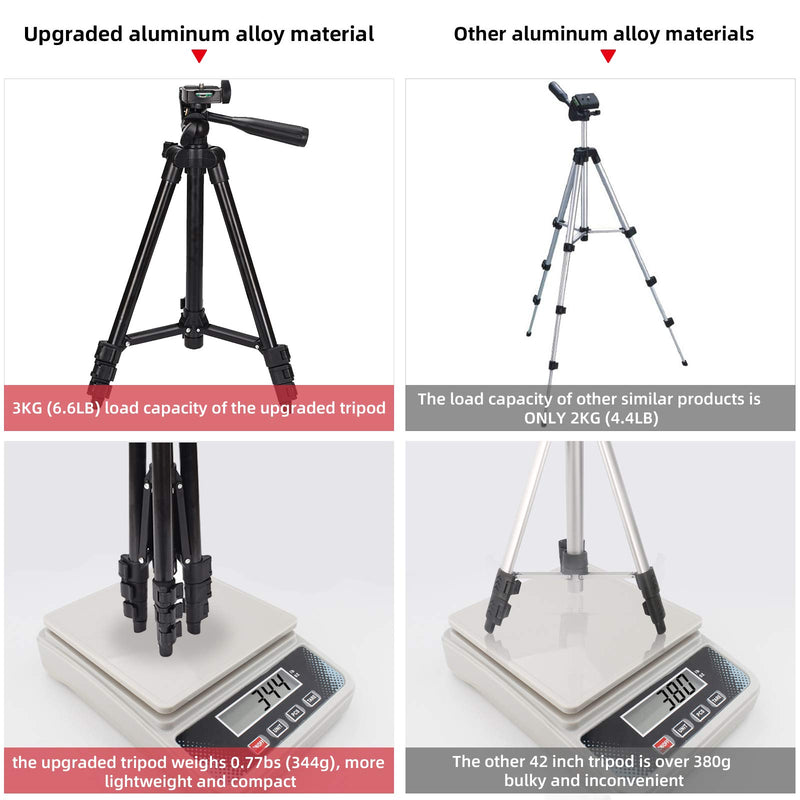 Lightweight Tripod, 42 Inch Aluminum/Camera/Travel/Phone Tripod with Load Capacity 6.6 LB, 1/4" Mounting Screw for Digital Cameras, 360 Degree Shooting, Bluetooth Remote and Phone Clip, Carrying Bag