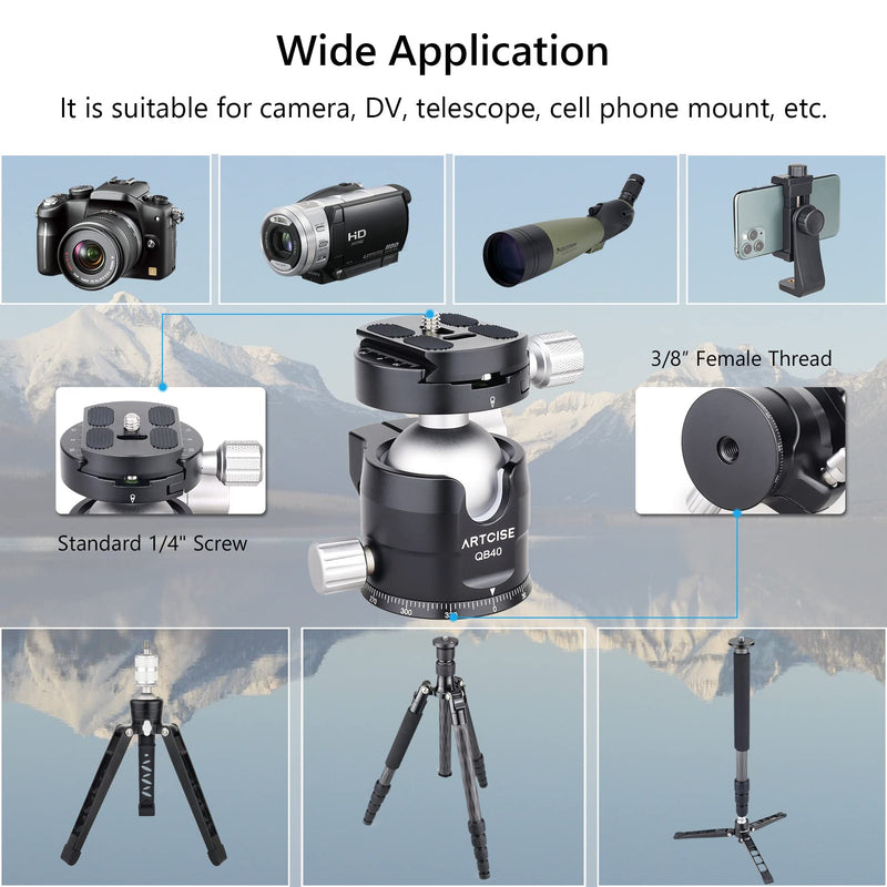 Low Profile Camera Tripod Head with 2 Arca Quick Release Plates 40mm Aluminium 360 Rotating Panoramic Ball Head Load 44lbs/20kg