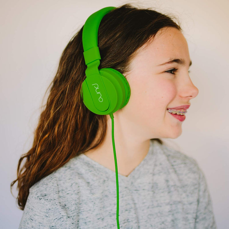 PuroBasic Volume Limiting Wired Headphones for Kids, Boys, Girls 2+ Foldable & Adjustable Headband w/Microphone, Compatible with iPad, iPhone, Android, PC & Mac – by Puro Sound Labs, Green