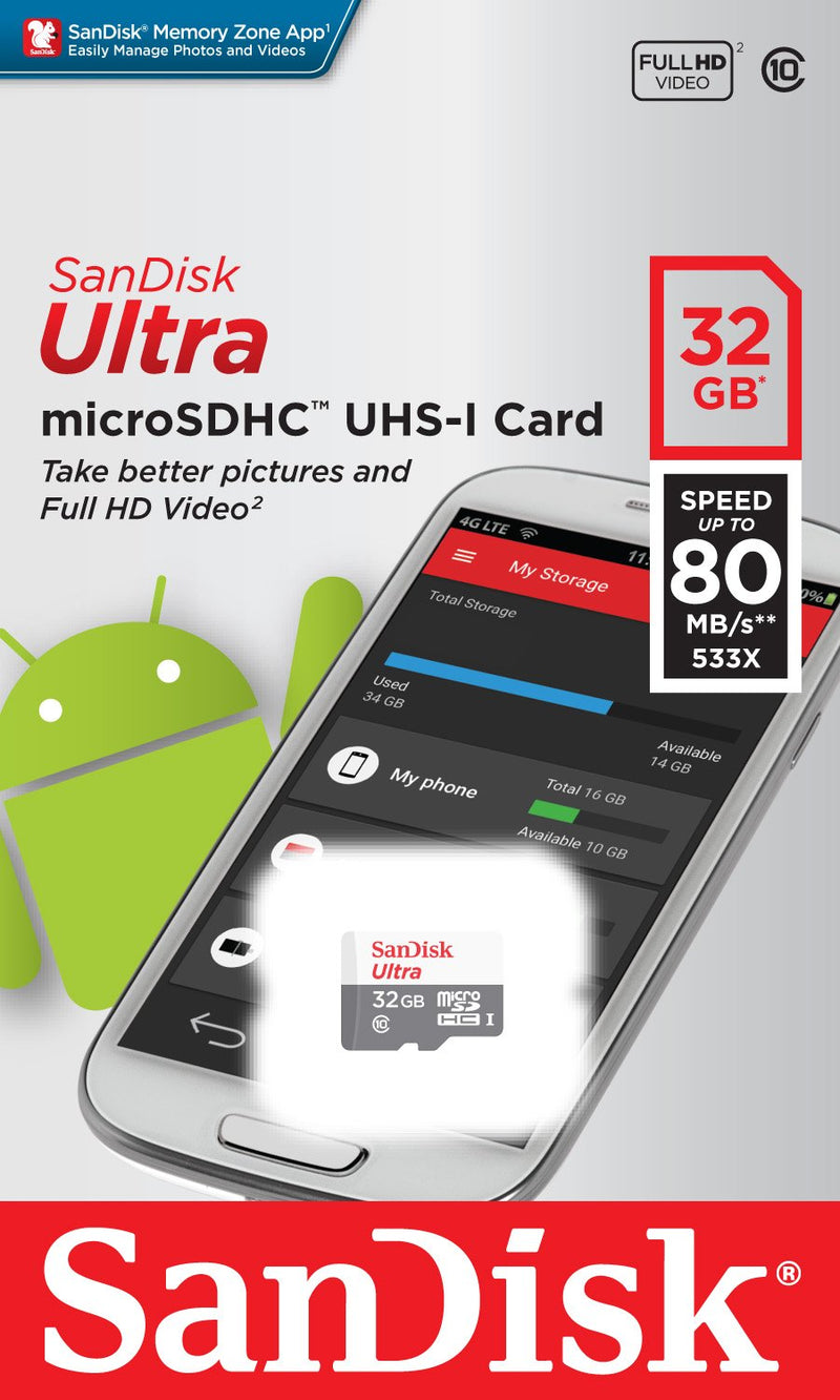 SanDisk Ultra SDSQUNS-032G-GN3MN 32GB 80MB/s UHS-I Class 10 microSDHC Card