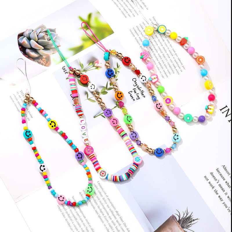 6PCS Phone Lanyard Wrist Strap, Smiley Face Beaded Phone Charms Multicolor Clay Fruit Happy Face Mobile Phone Chain for Women Summer Beach Accessory 4PCS Multicolored
