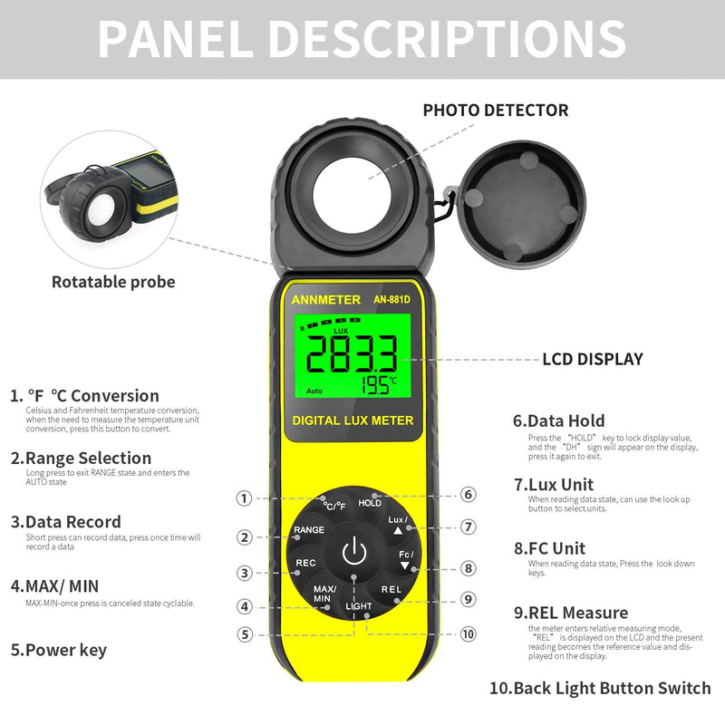 [AUSTRALIA] - ANNMETER AN-881D Digital Illuminance Meter, Lux Meter with 0.01-400,000 Lux (0.01-40,000 FC) Foot Candle Measuring Ranges, Light Meter for Plants, Par Meter with 270°Rotatable Detector AI-881D Illuminance Meter Range 0.1~400,000Lux 