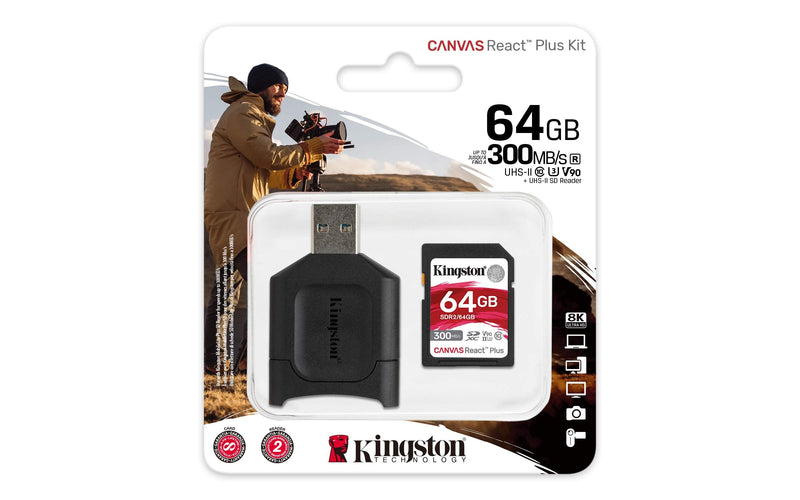 Kingston 64GB SDXC Canvas React Plus 300MB/s Read UHS-II, C10, U3, V90 Memory-Card (MLPR2/64GB) SD Card Fastest (Up to 300 MB/s) Single