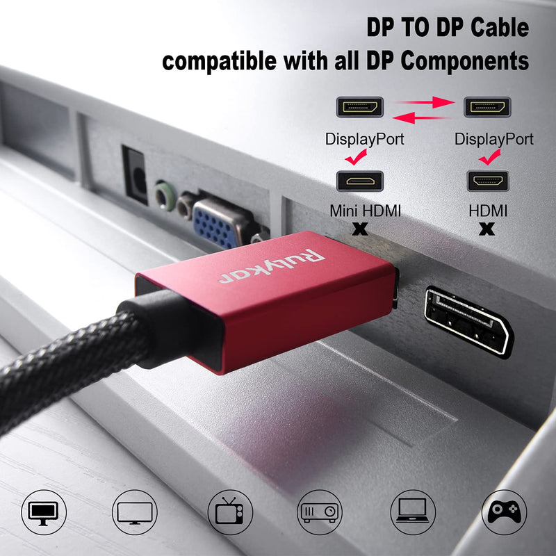8K DisplayPort Cable 6.6FT/2M, Rulykar DP 1.4 Cable Nylon Braided(4K@144Hz,8K@60Hz) Computer Accessories Cable for Laptop PC TV etc-Gaming Monitor (Red) 6.6 Feet