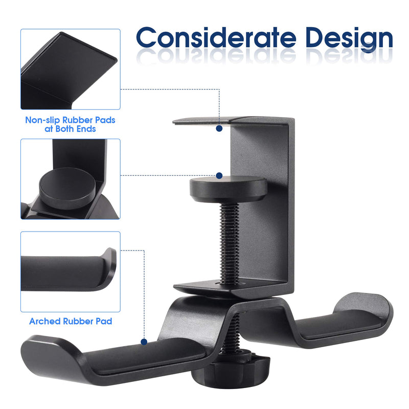 Desk Headphone Hanger, Universal PC Gaming Dual Headphone Stand Under Desk, 360 Degree Rotating, Aluminum, Black