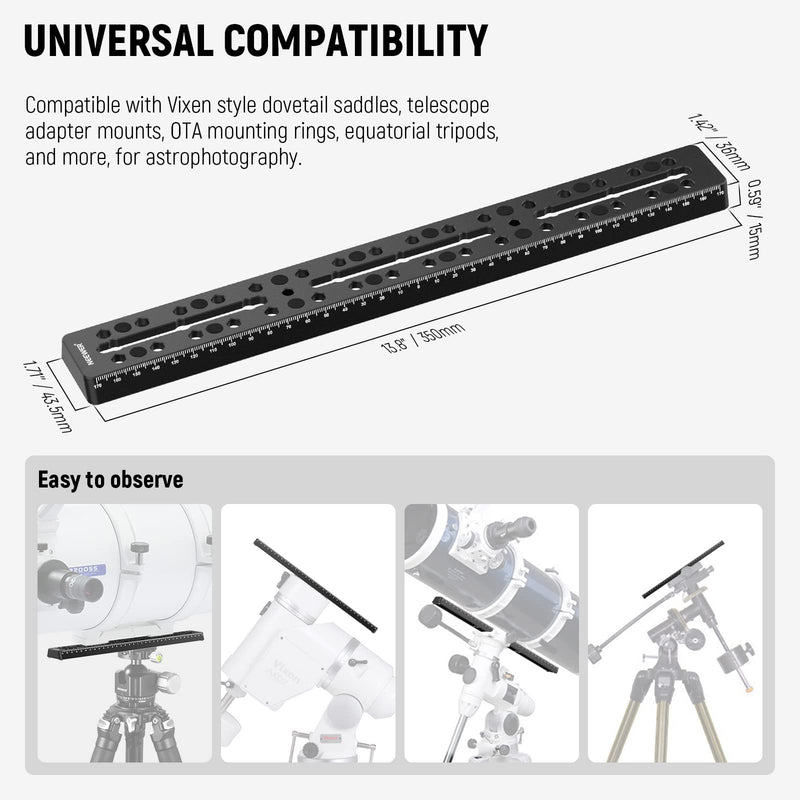 NEEWER 13.8"/350mm Rail Bar Vixen Style Dovetail Plate, Metal Mounting Plate Saddle with M6 1/4" 3/8" Camera Screw for Telescope Mount Adapter OTA Equatorial Tripod Sky Astrophotography, QR008