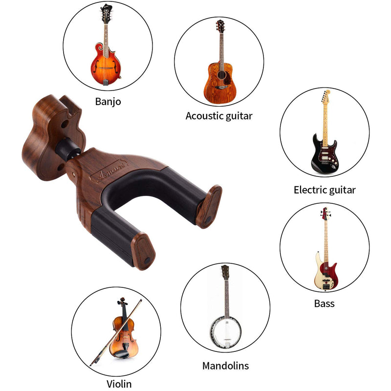 Asmuse Guitar Wall Mount Hanger Single Auto Lock Hanger Hook for Wall Electric Bass Guitar Acoustic Folk Classical Guitar Ukulele Natural Black Walnut Base 1 Pack