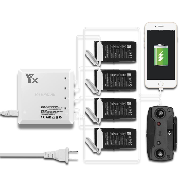 6 in 1 Intelligent Battery Charging Hub,Charge 4 Batteries +1 Remote Controller + 1 Smart Phone Battery Charger for DJI Mavic Air Drone Accessories