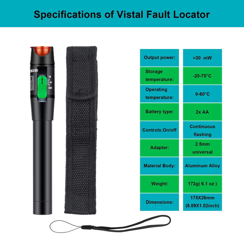 Moocci Fiber Optic Visual Fault Locator 30MW 30KM Fiber Light Tester VFL Tester Kit Including Red Light Fiber Optic Cable Tester Meter with Single Mode 9/125um FC Male to LC Female Adapter (1) Green Switch