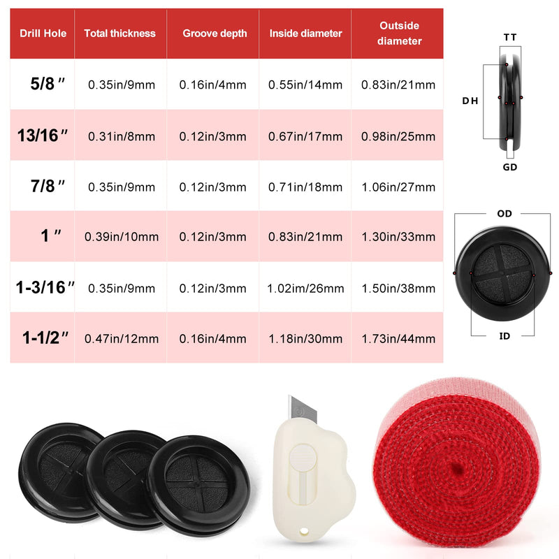 QCQIANG 63Pcs Rubber Grommet Kit, Drill Hole Firewall Hole Plugs Wire Protection, 6 Sizes 5/8" 13/16" 7/8" 1" 1-3/16" 1-1/2"(Round) Black Rubber Grommet Kit