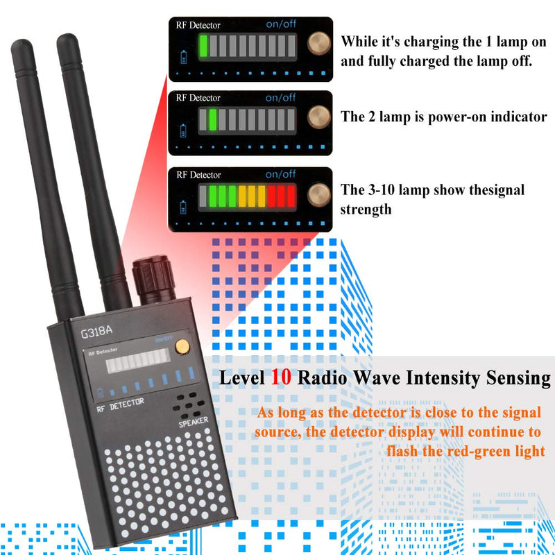 Anti-Spy RF Detector Wireless, Enhanced Dual Antenna Bug Detector Signal for GSM Finder Radar Radio Scanner,Black