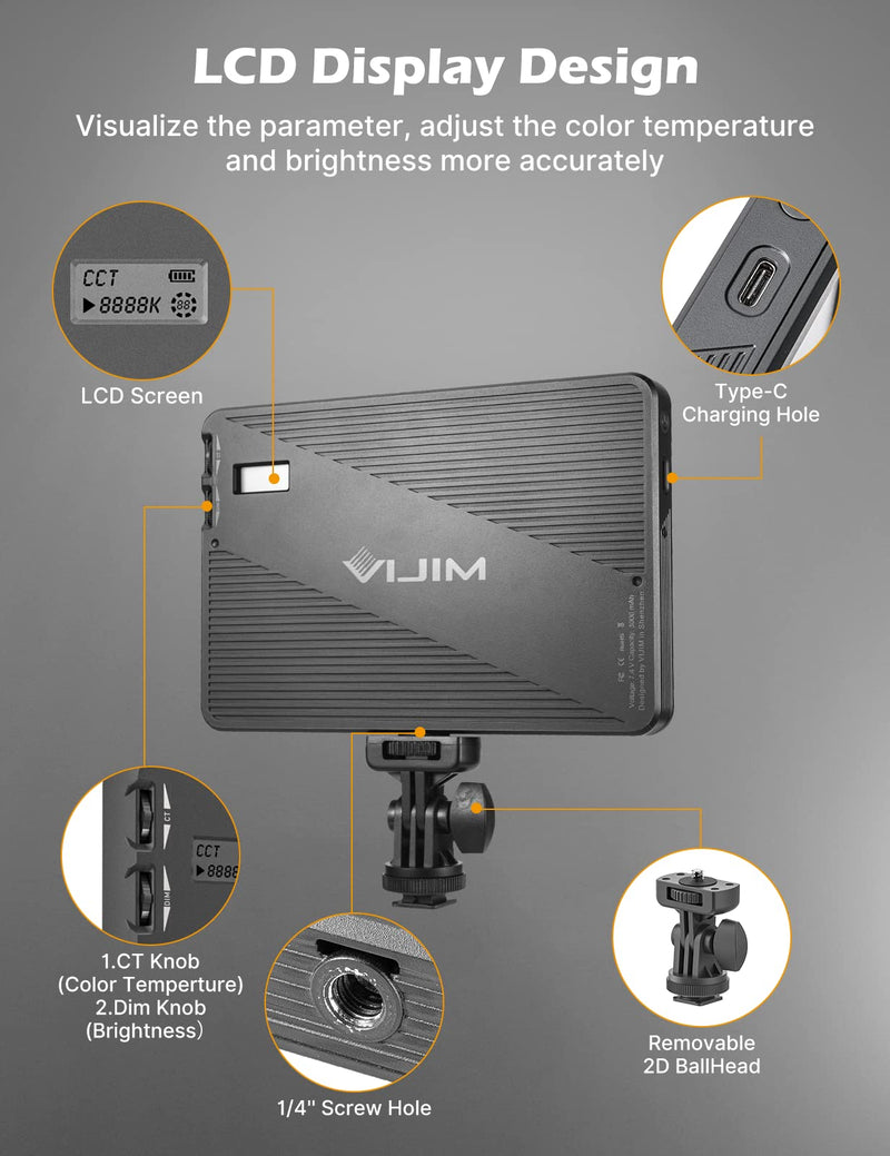 JUSMO Professional LED Camera Light Portable Photo Video Lighting with LCD Display, 3000mAh CRI 95+ 3200-5500K Dimmable, Soft LED Video Light Panel for Sony/Nikon/Canon/Fuji/Panasonic Cameras VL108