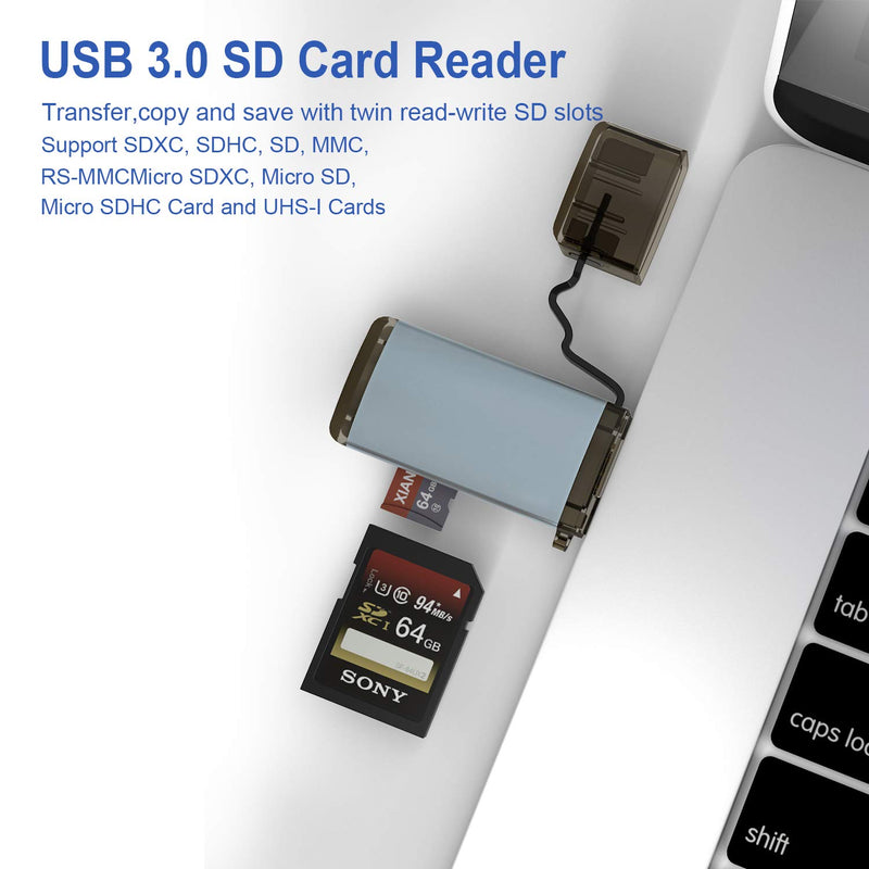 Rytaki SD Card Reader, 2-in-1 USB 3.0 Memory Card Reader hub for SDXC, SDHC, SD, MMC, RS-MMC, Micro SDXC, Micro SD, Micro SDHC Card and UHS-I Cards, Aluminum