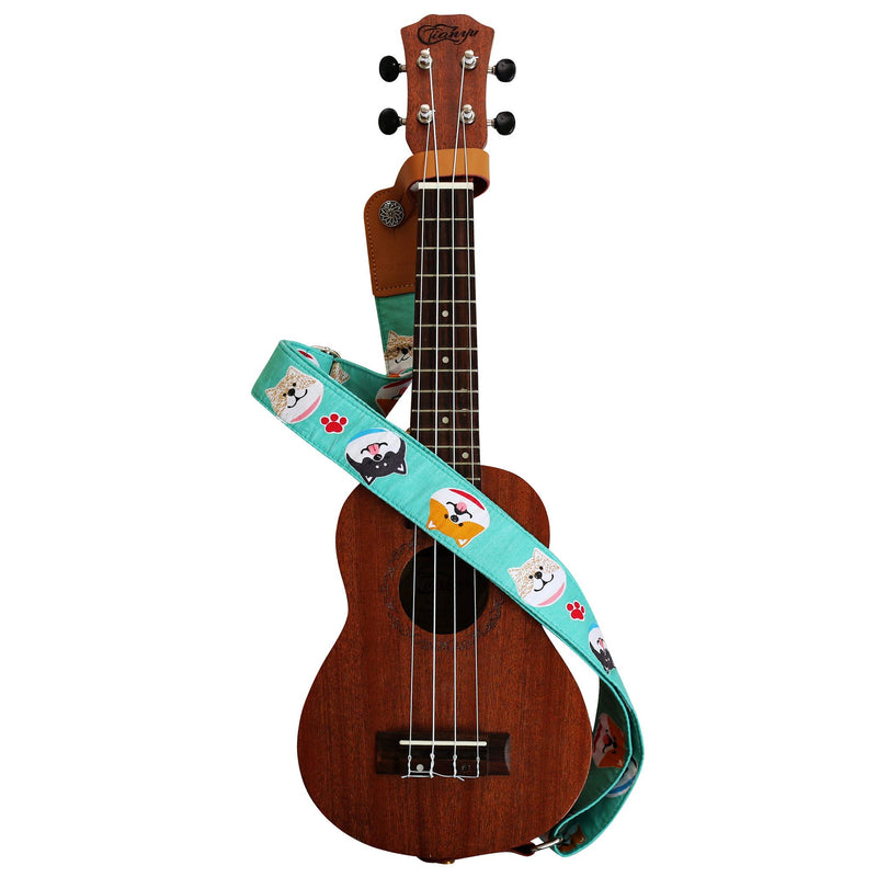 MUSIC FIRST Original Design Turquoise/Mint “Mint Shiba Inu Dog” Soft Cotton & Genuine Leather Ukulele Strap Ukulele Shoulder Strap With a MUSIC FIRST Genuine Leather Strap Locker