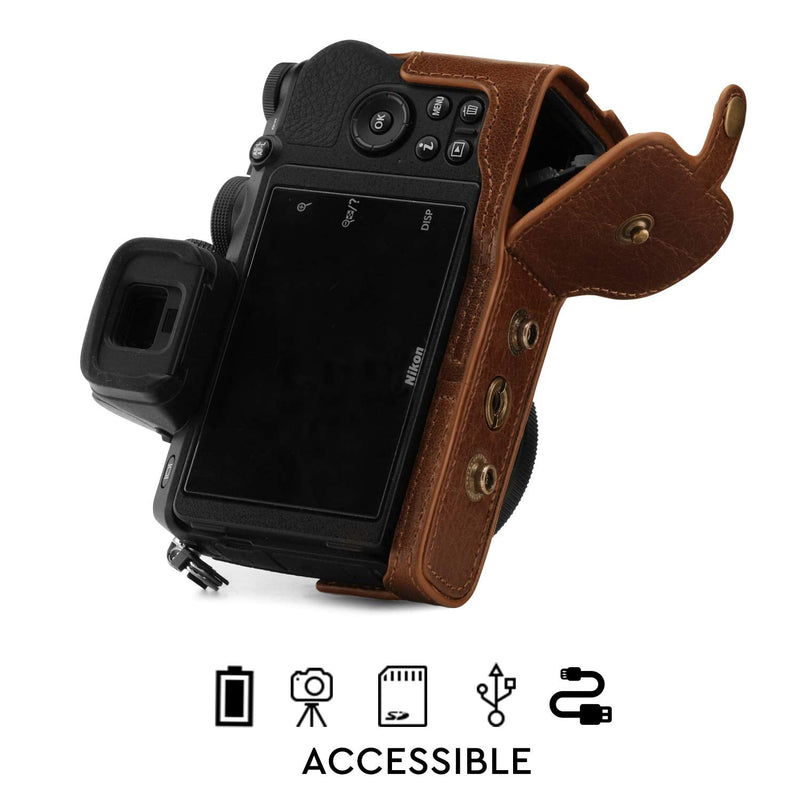 MegaGear Ever Ready Genuine Leather Camera Case Compatible with Nikon Z50 (16-50mm) Brown