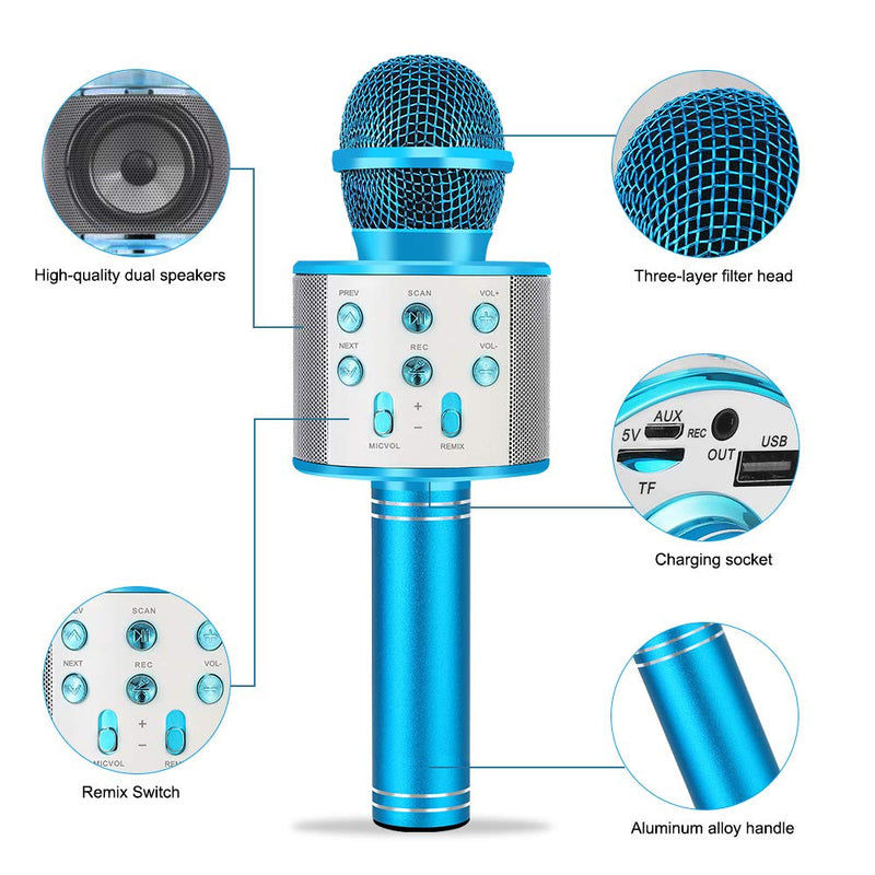 [AUSTRALIA] - Wireless Bluetooth Karaoke Microphone Rechargeable Portable Handheld Mic Speaker Music Player with Recording and Controllable LED Lights Christmas Birthday Party Home KTV for Kids Adults 